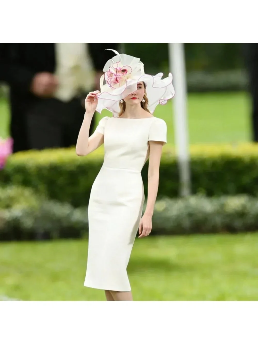 Elegant Wide Brim Women's Church Hat with Leaf & Flower for Derby & Bridal